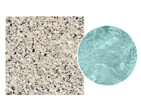 Square swatch of beige granite next to a circular view of rippling, light blue water.