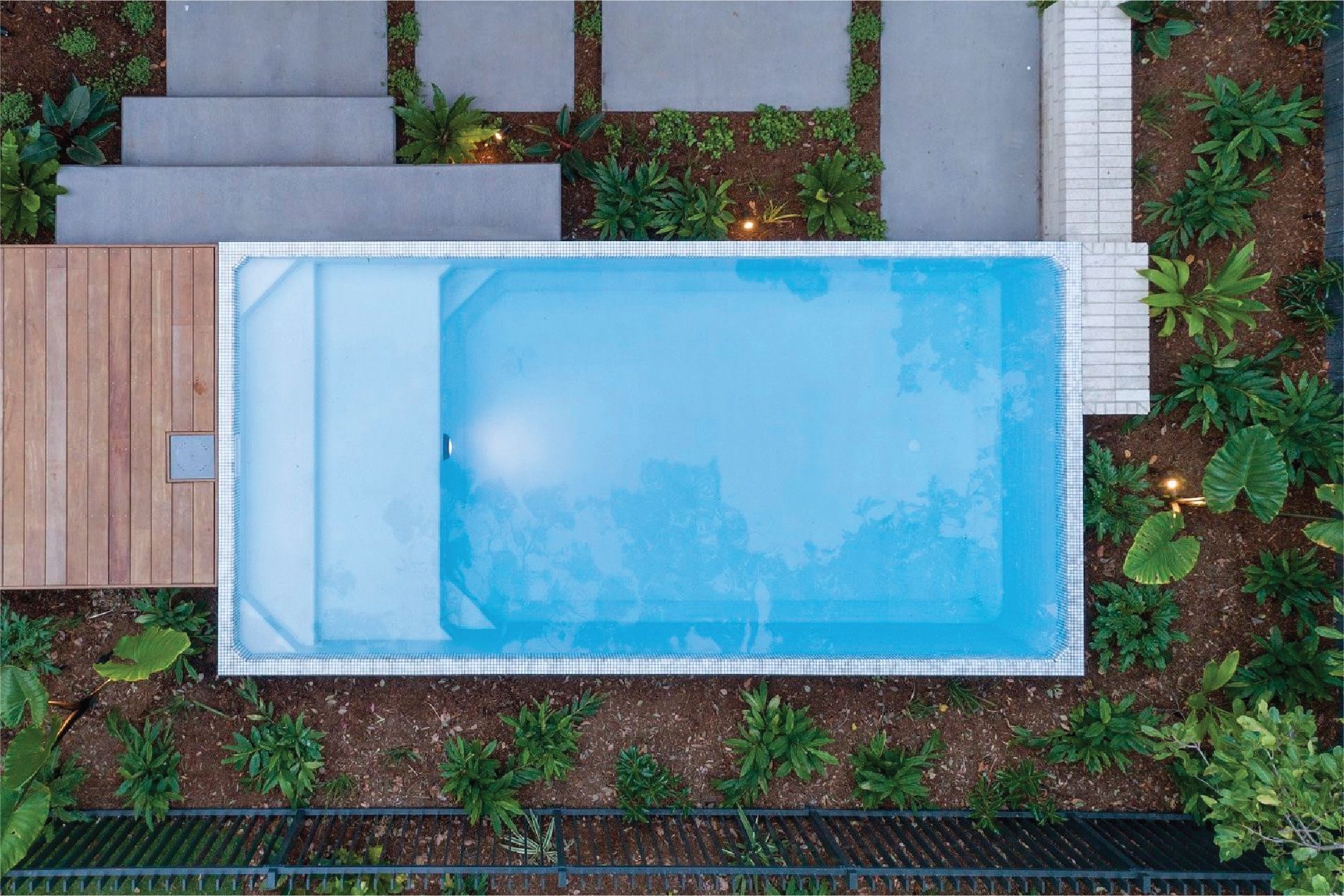 An aerial view of a swimming pool surrounded by plants and a wooden deck.
