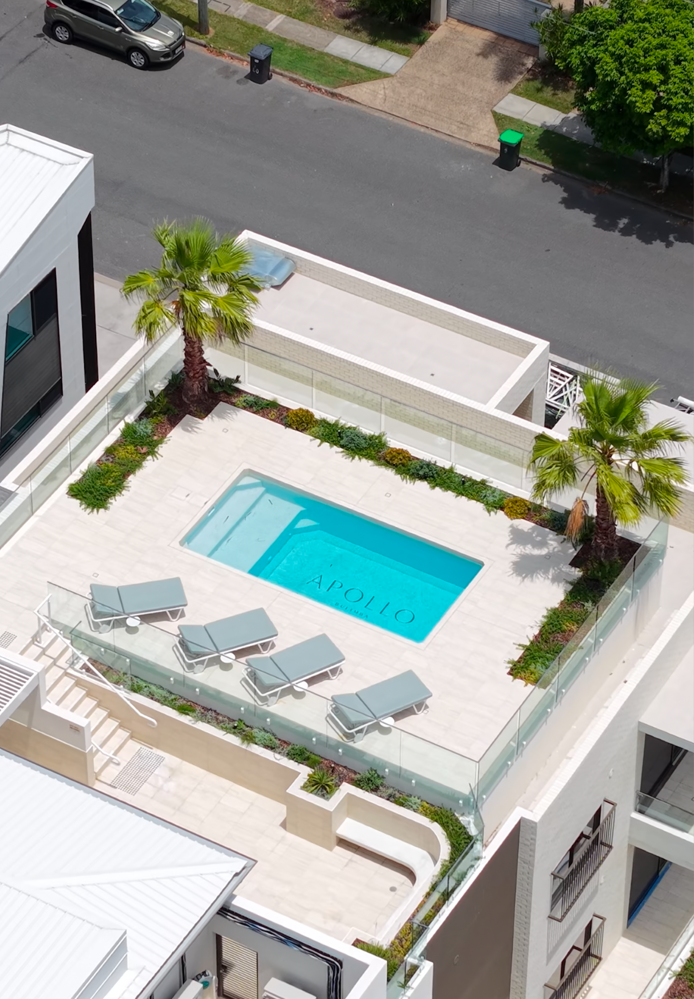 Rooftop pool with lounge chairs, palm trees, and a small garden area on a modern building.