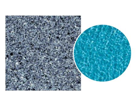 Close-up of a speckled, dark blue-gray concrete texture next to a turquoise pool water circle.