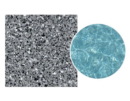 A square speckled gray pattern next to a circular pool of light blue water with rippled reflections.