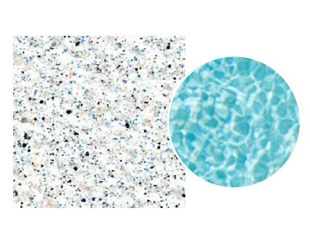 Close-up of granite pattern beside a circle of rippling, turquoise water; likely a pool finish sample.