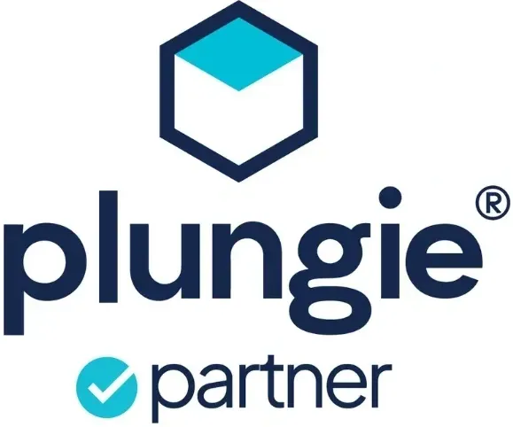Logo for Plungie, a company using a dark blue font with a turquoise box icon above the company name .