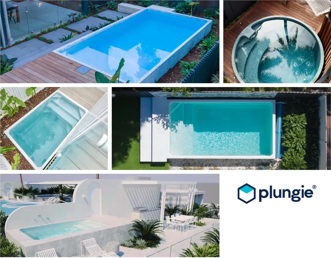 A collage of photos of swimming pools and plunge 's logo