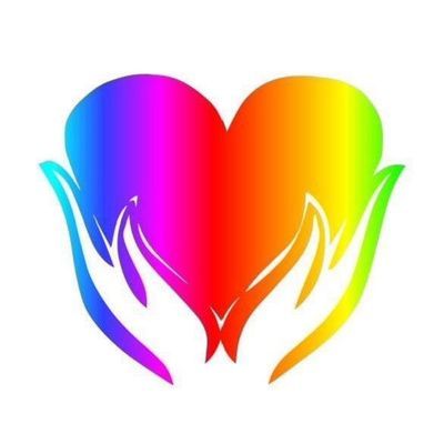 Two hands holding a rainbow heart on a white background