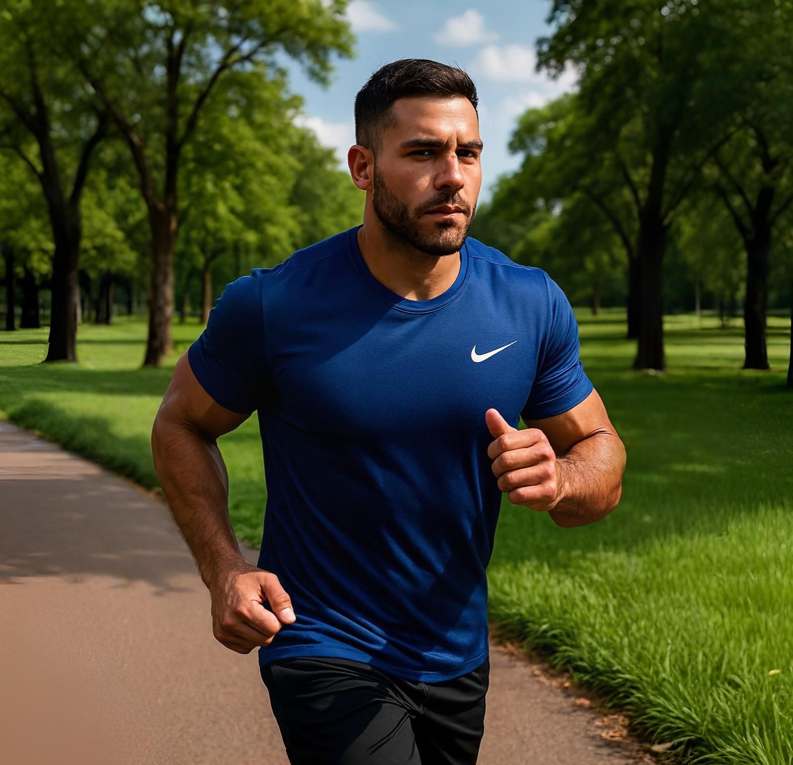 Hombre corriendo por un sendero a través de un parque, vestido con una camisa azul y pantalones cortos negros.