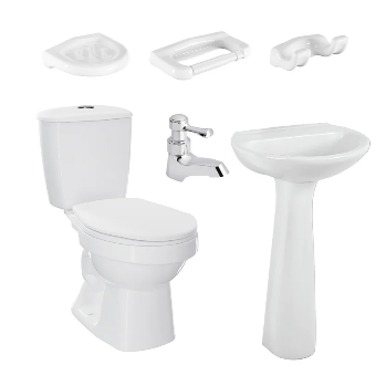 Artefactos de baño en color blanco: inodoro, lavabo de pedestal, grifo, jabonera, portarrollos de papel higiénico y toallero.