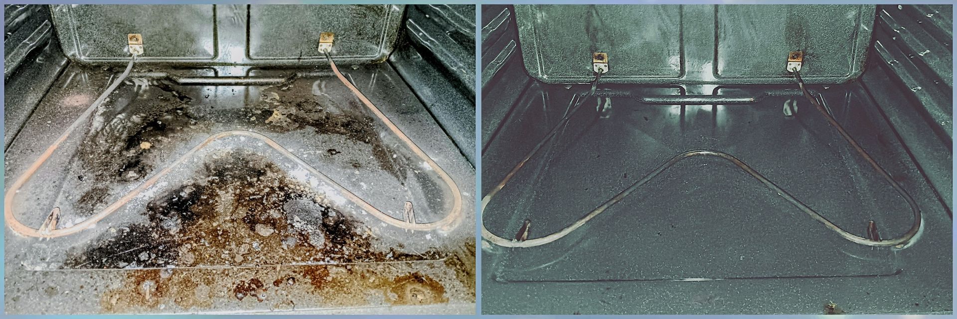 Before and after view of an oven interior, heavily soiled on the left, sparkling clean on the right.