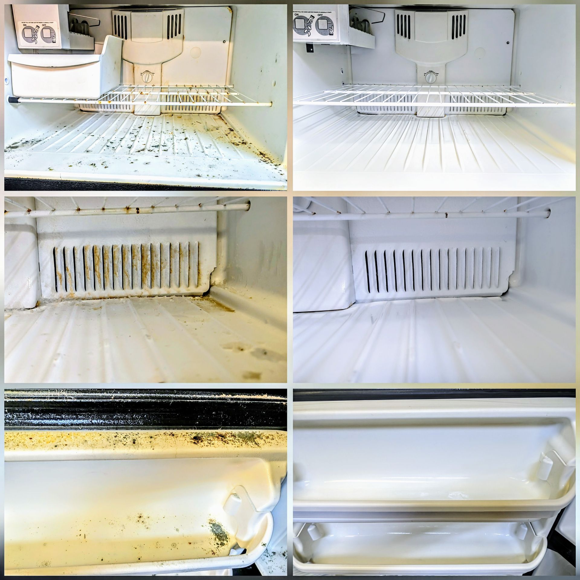 A before-and-after cleaning comparison of a refrigerator interior