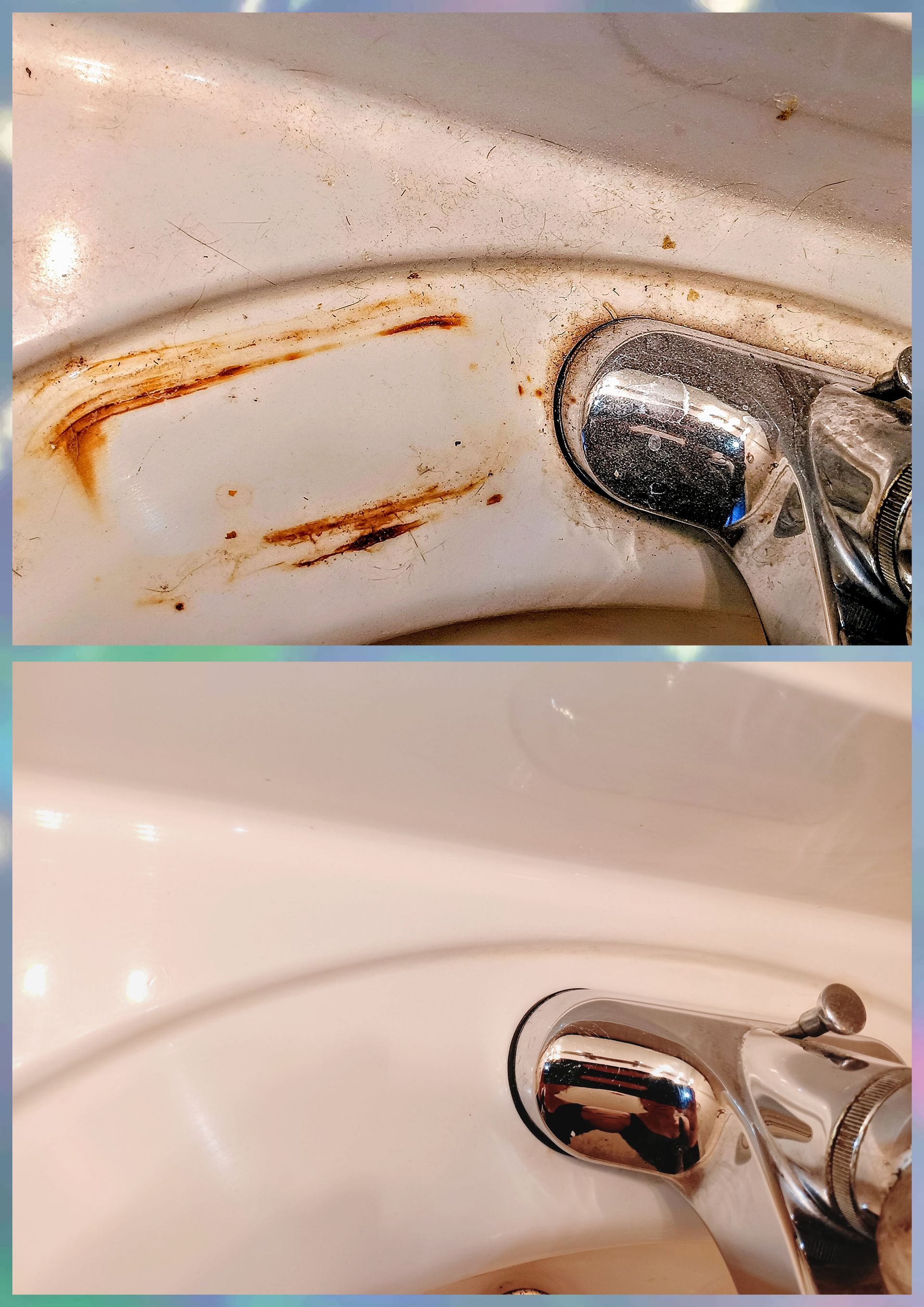 Dirty sink before and after cleaning. Brown stains and grime removed from white porcelain. Chrome faucet.