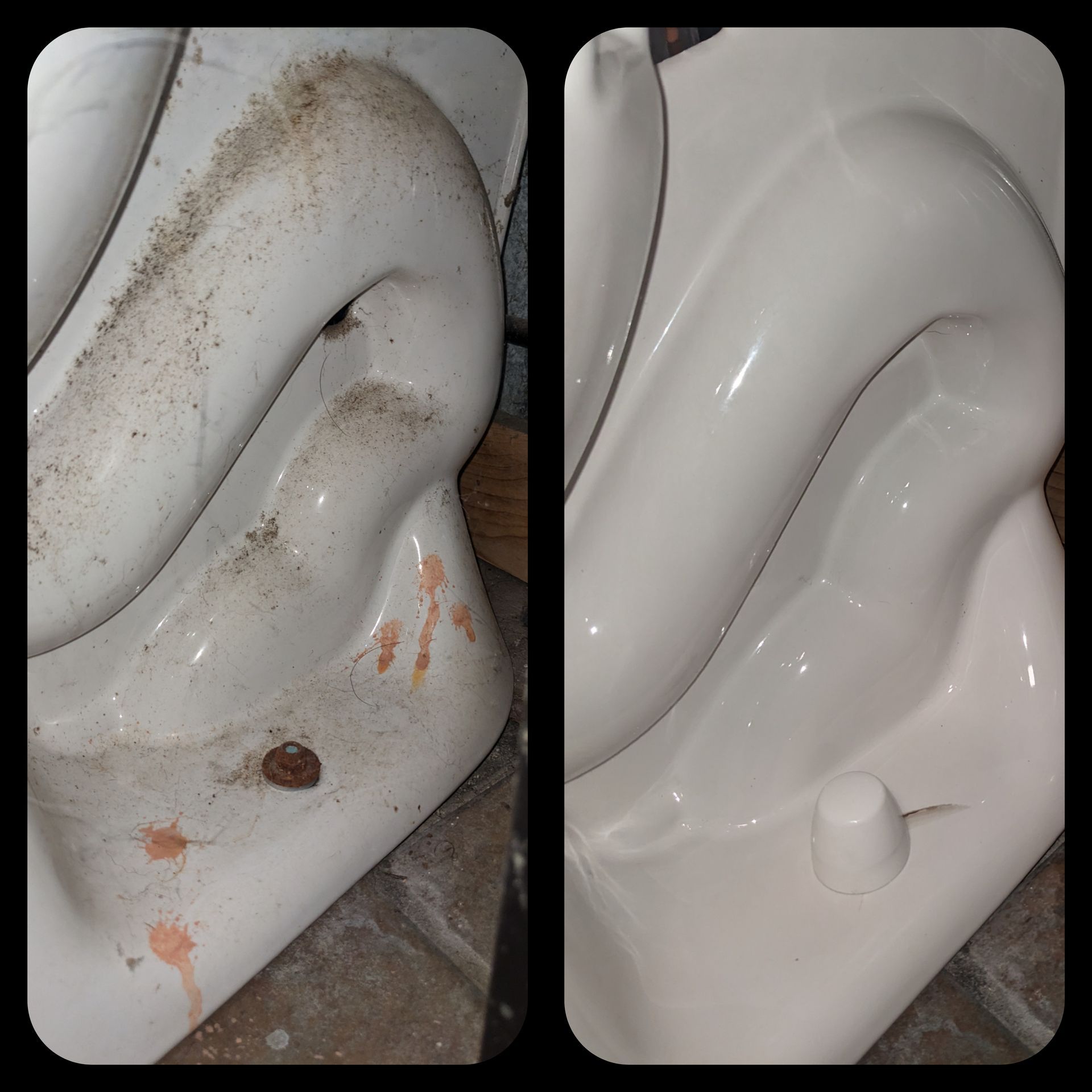 A dirty toilet (left) and a clean toilet (right) side-by-side, white porcelain, demonstrating before and after cleaning.