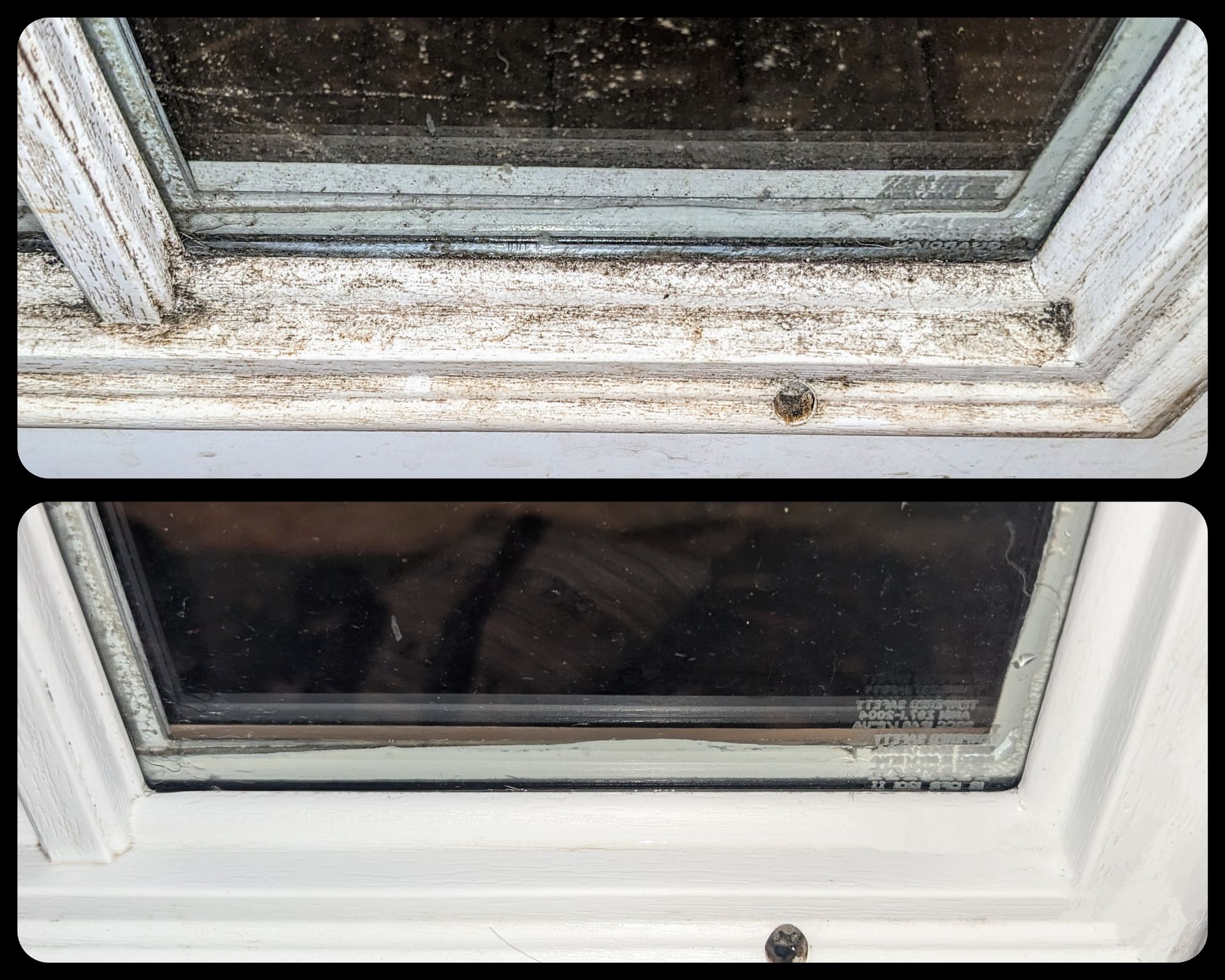 Comparison of a dirty window frame (top) and a clean one (bottom), both white and surrounding a glass window.