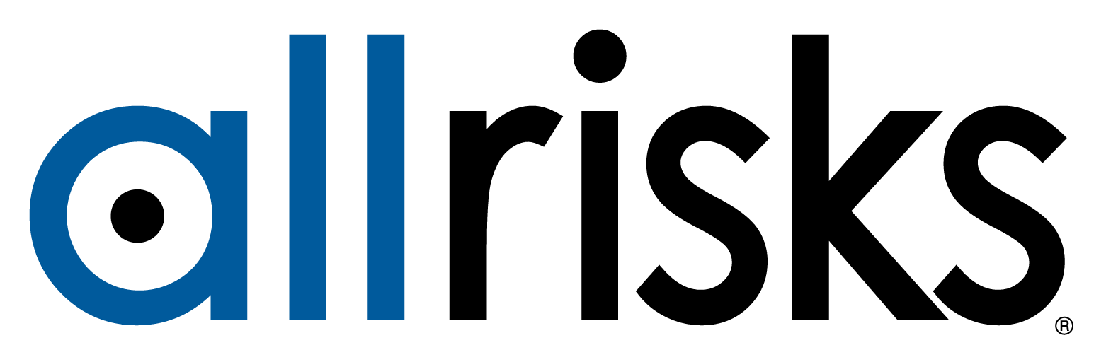A blue and black all risks logo on a white background.