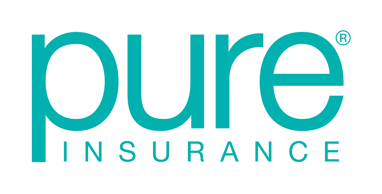 The pure insurance logo is blue and white on a white background.