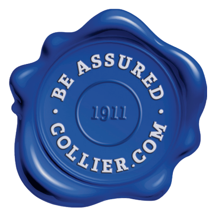 A blue wax seal that says be assured collier.com