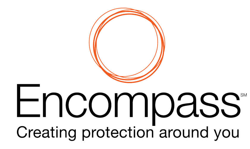 The encompass logo is orange and black and says `` creating protection around you ''.