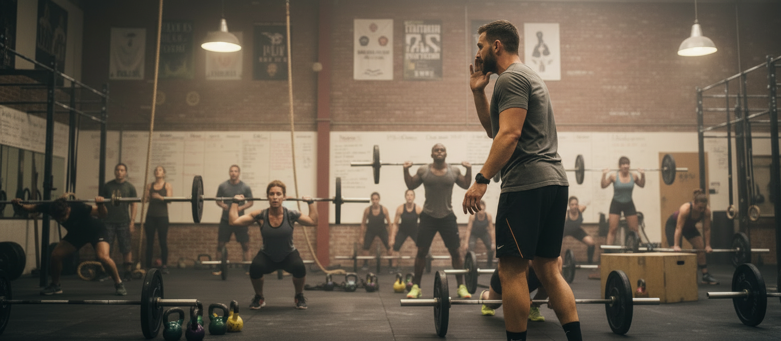 coach crossfit che guida una classe in un contesto di allenamento strutturato