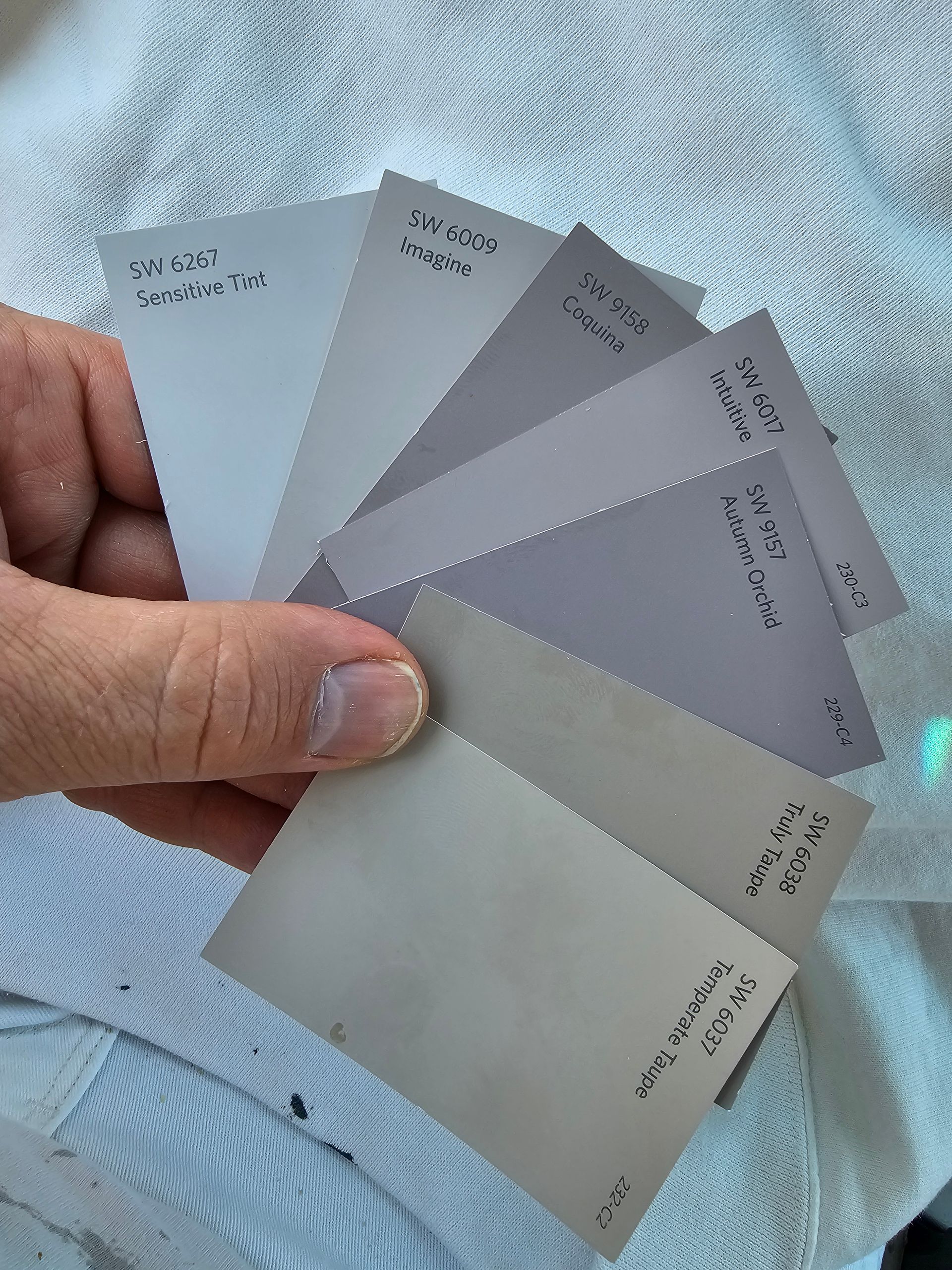 Hand holding a fan of gray color swatches against a light blue textured fabric background