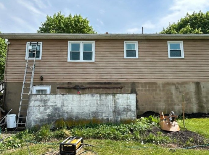 Back of a tan house with white windows, ladder at left, and clutter in the overgrown yard.