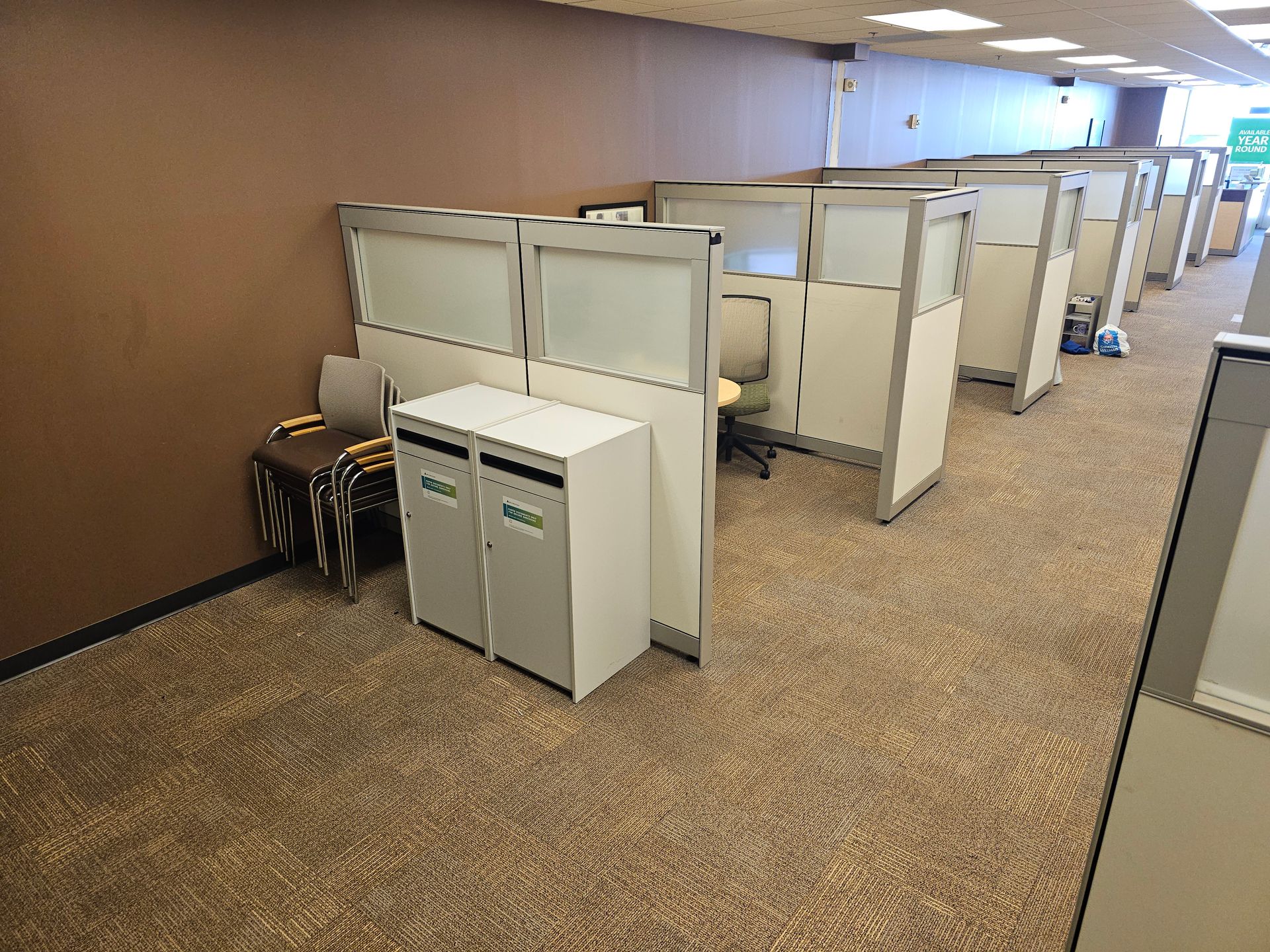 Office cubicles in a row with white partitions and carpeted floor in an open workspace.