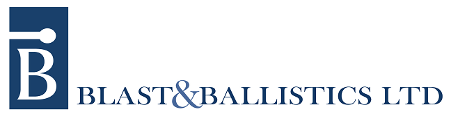 The logo for Blast & Ballistics Ltd features a dark blue square with a stylized letter B and the company name in blue.