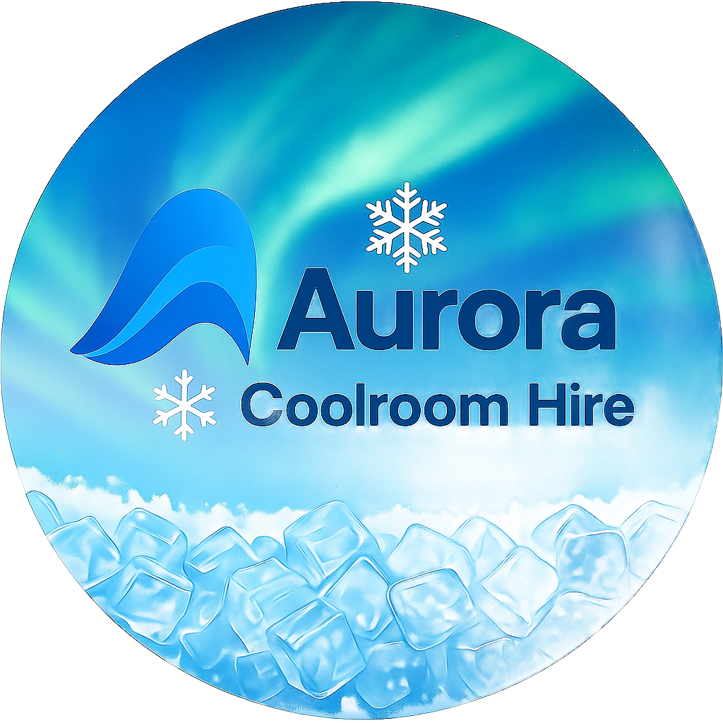 Logo: Aurora Coolroom Hire with aurora borealis background and ice cubes.