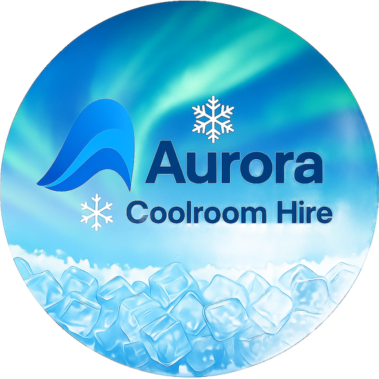 Logo: Aurora Coolroom Hire with aurora borealis background and ice cubes.