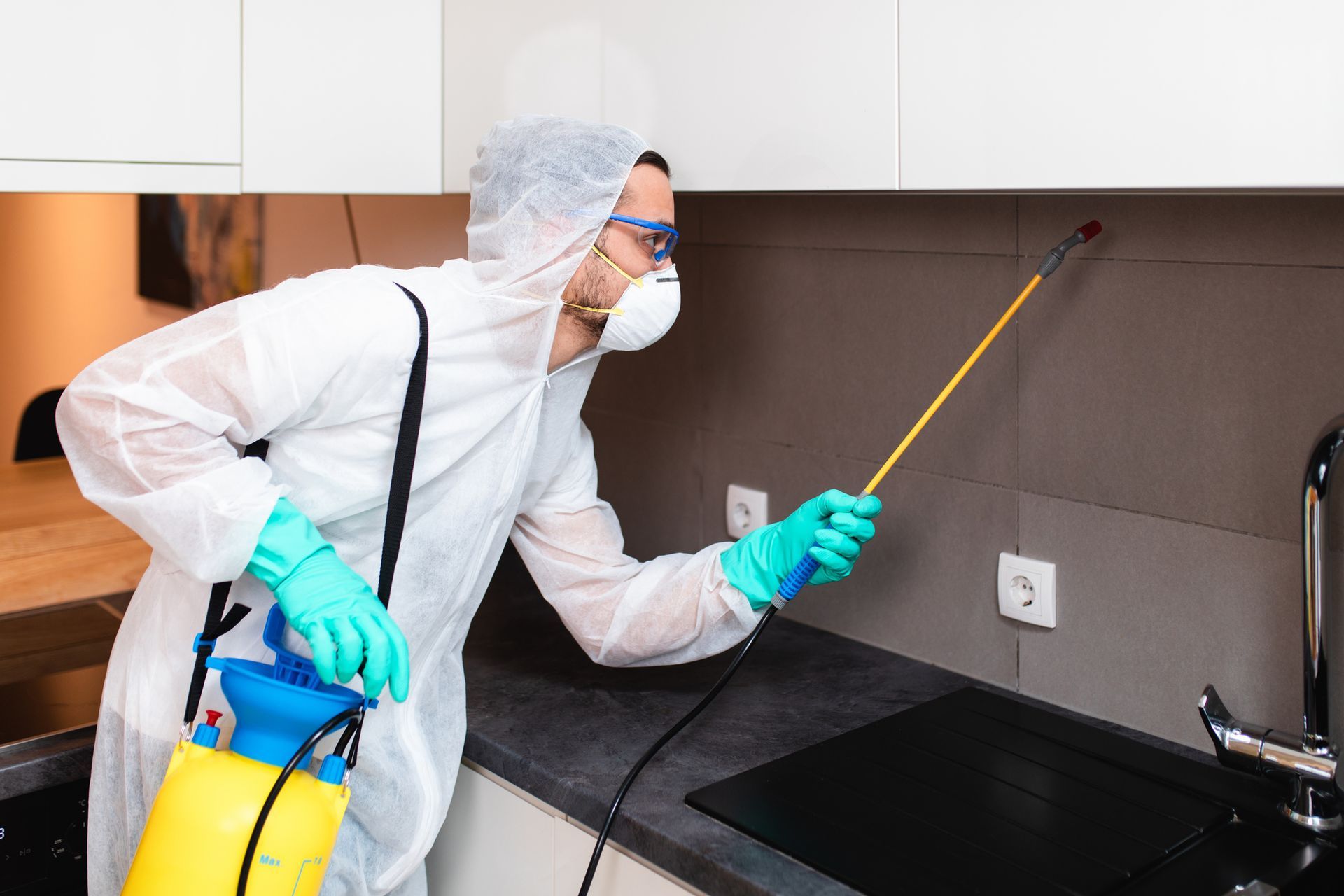 Exterminator Spraying Kitchen | Residential Pest Control | Brookfield, WI