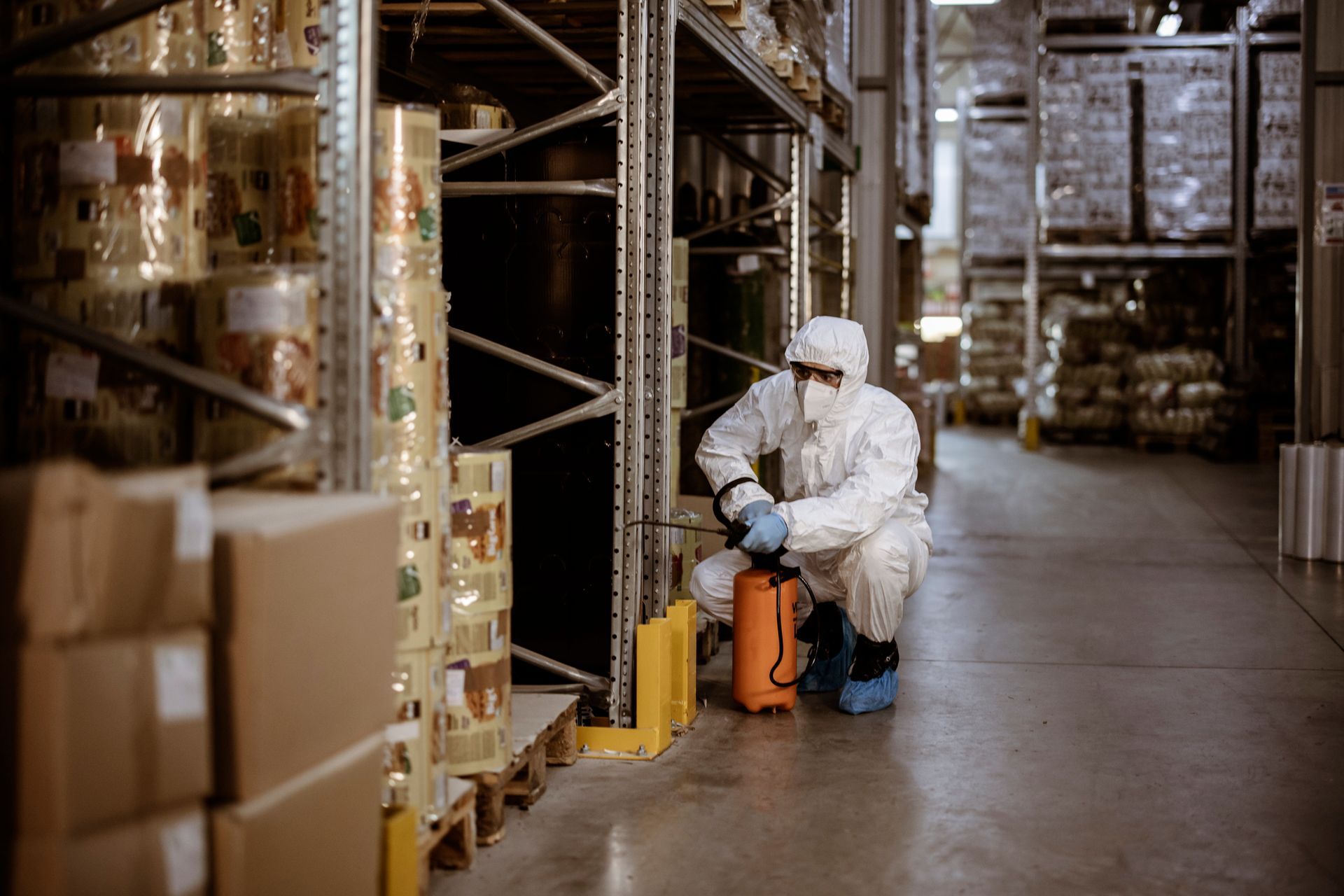 An exterminator in a chemical protection suit doing pest control in the warehouse.