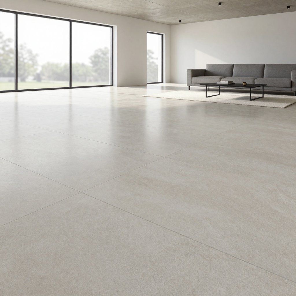 Modern living room with light gray flooring, large windows, and a gray sofa.