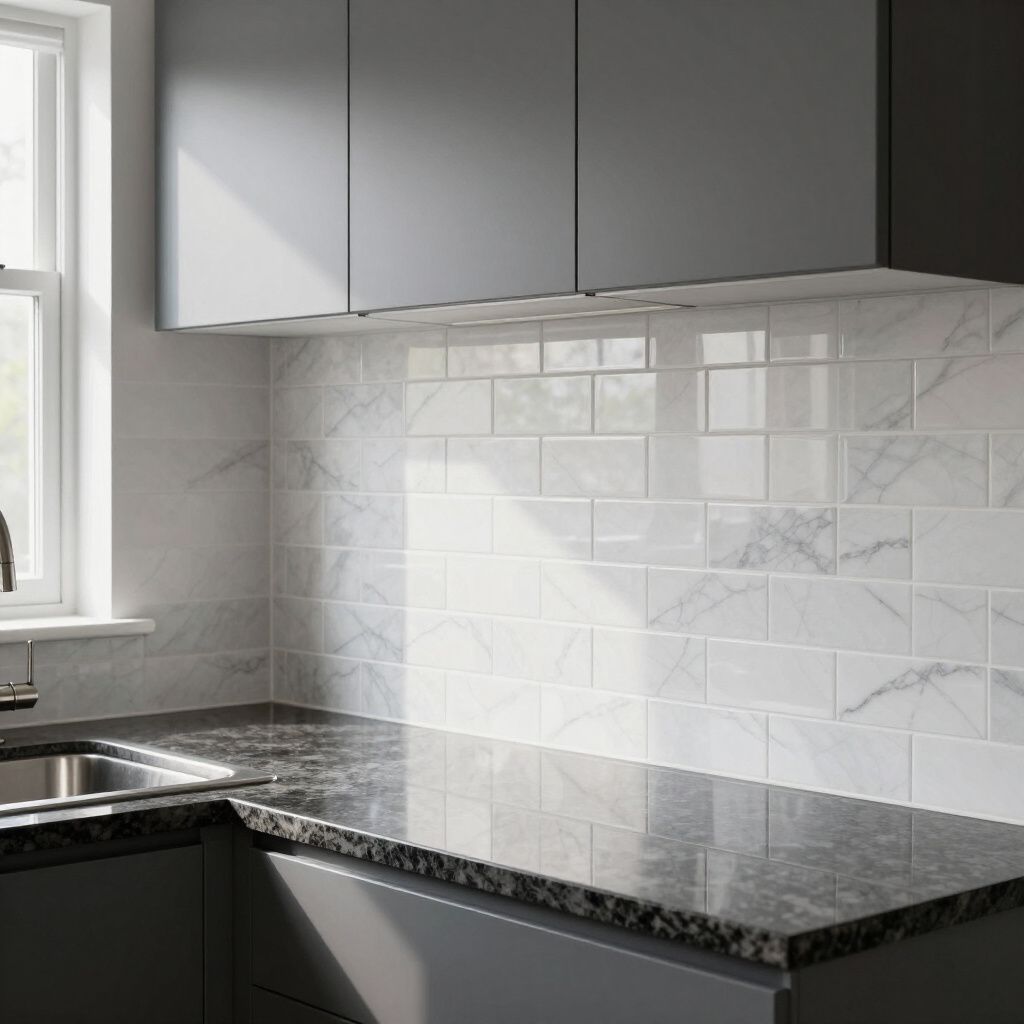 Kitchen with white marble tile backsplash, dark cabinets and countertops, and a window.