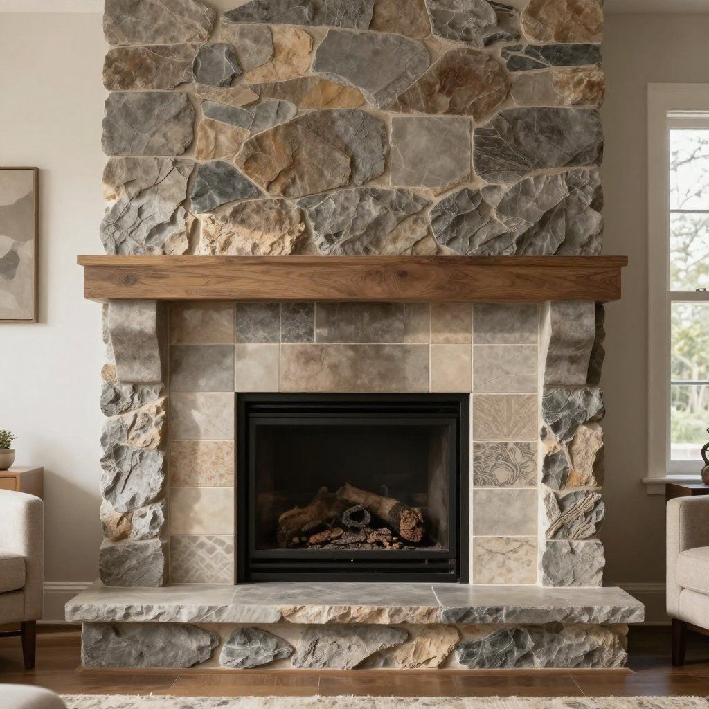 Stone fireplace with a wooden mantle and hearth.