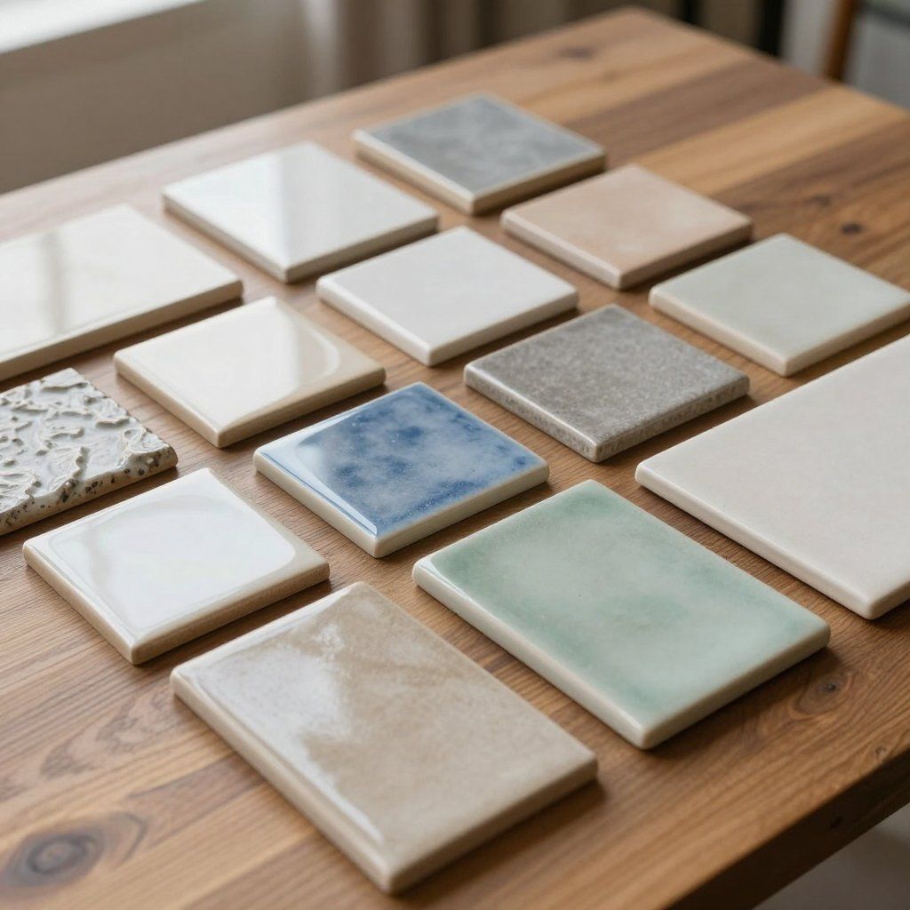 Assortment of square ceramic tiles on a wooden surface, various colors and textures displayed.