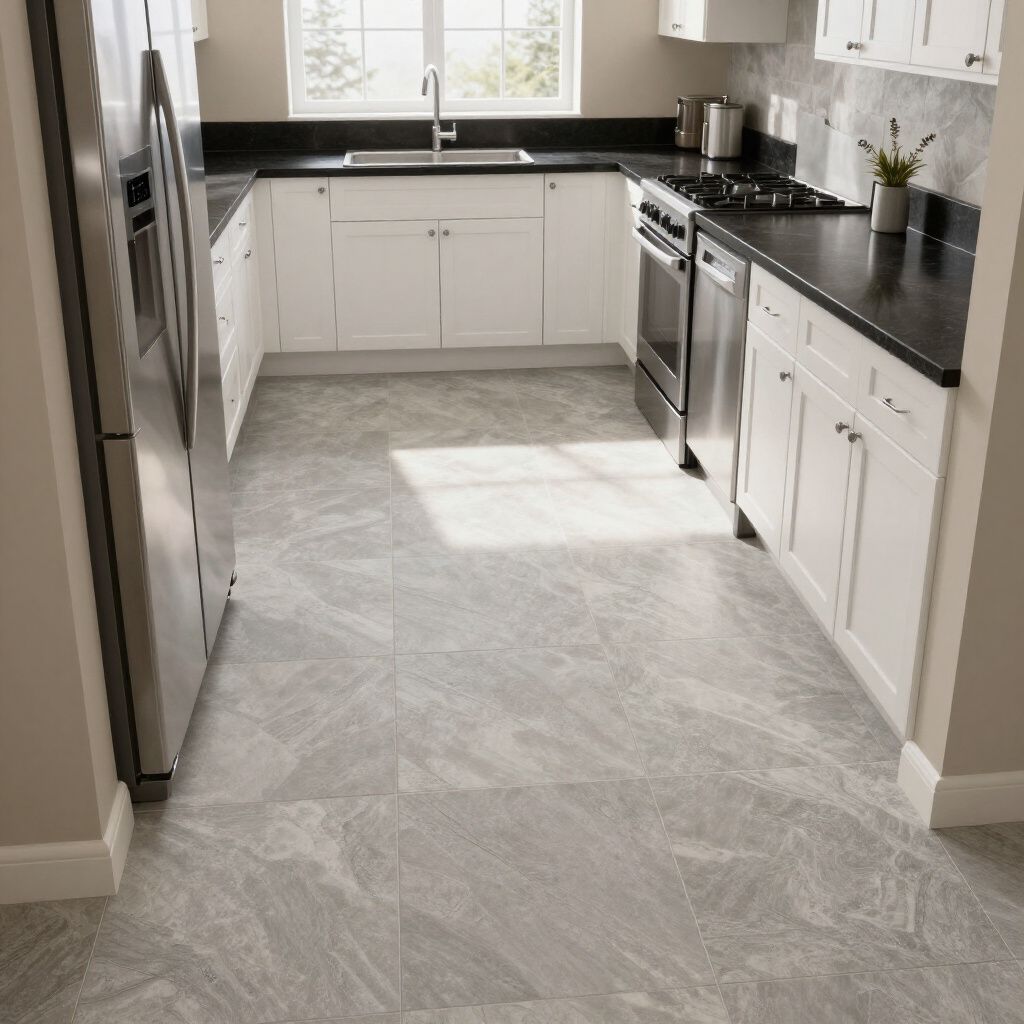 Kitchen with white cabinets, gray tile floor, stainless steel appliances, and dark countertops.