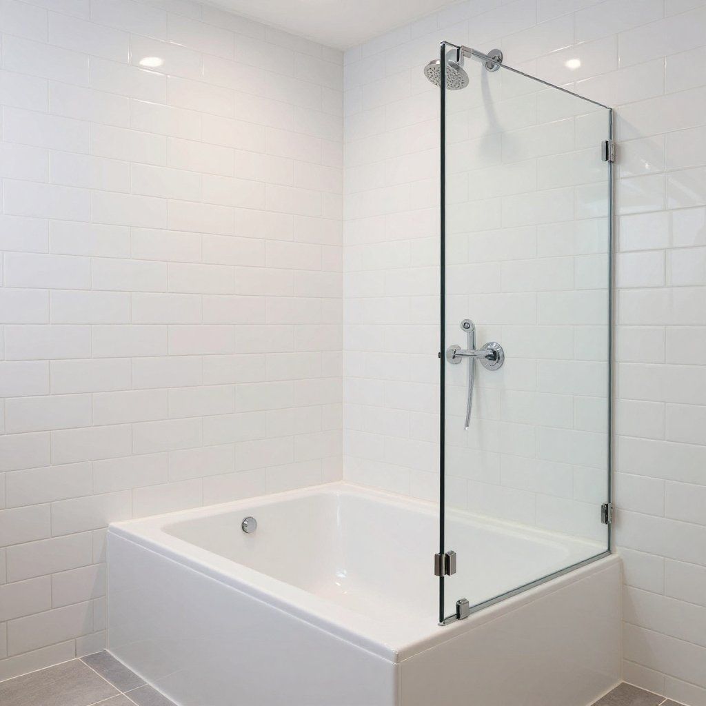 White bathtub with glass shower screen in a white tiled bathroom.