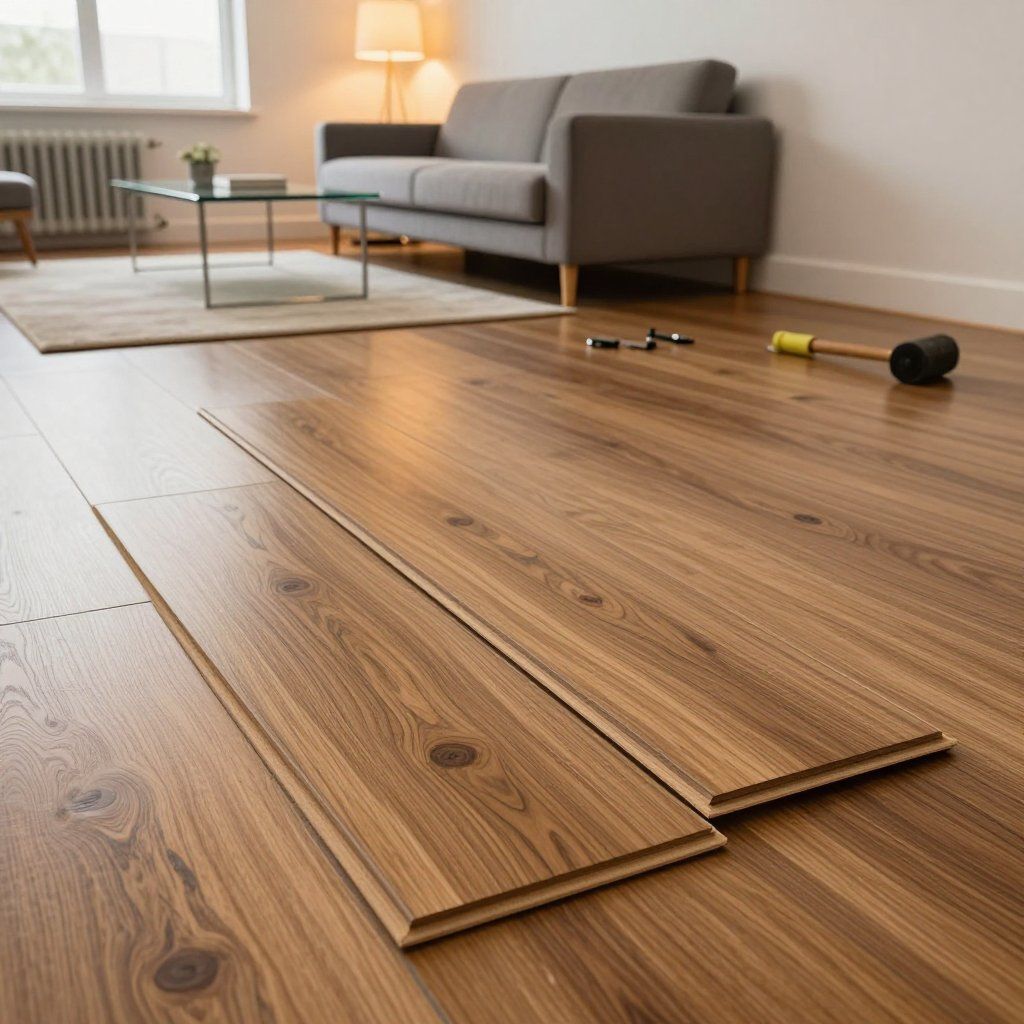 Wood flooring installation in a living room; two planks lie on installed floor. A couch, rug, and coffee table are in the background.