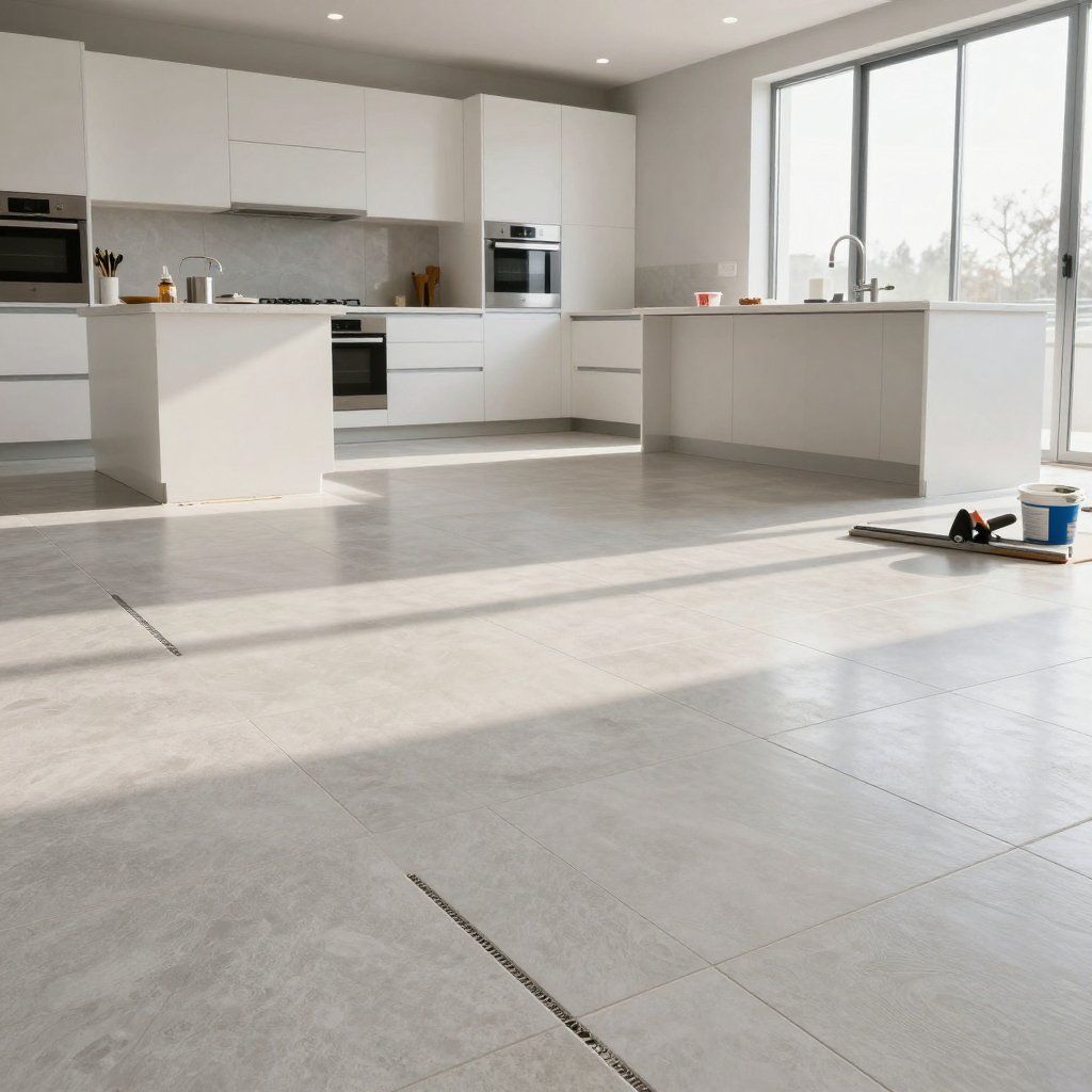 Modern, white kitchen with unfinished gray floor. Sunlit interior, cabinets, island, and window.