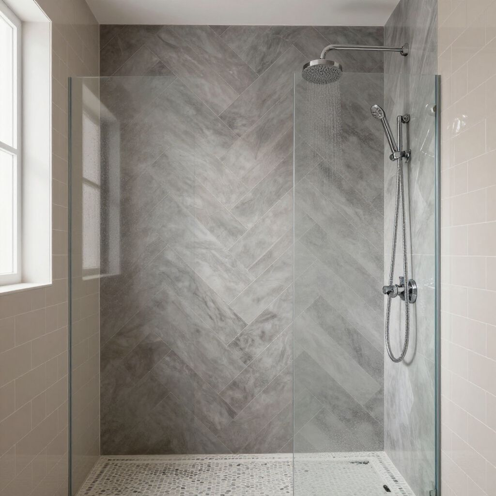 Shower with gray herringbone tile, glass shower panel, and silver shower fixtures.
