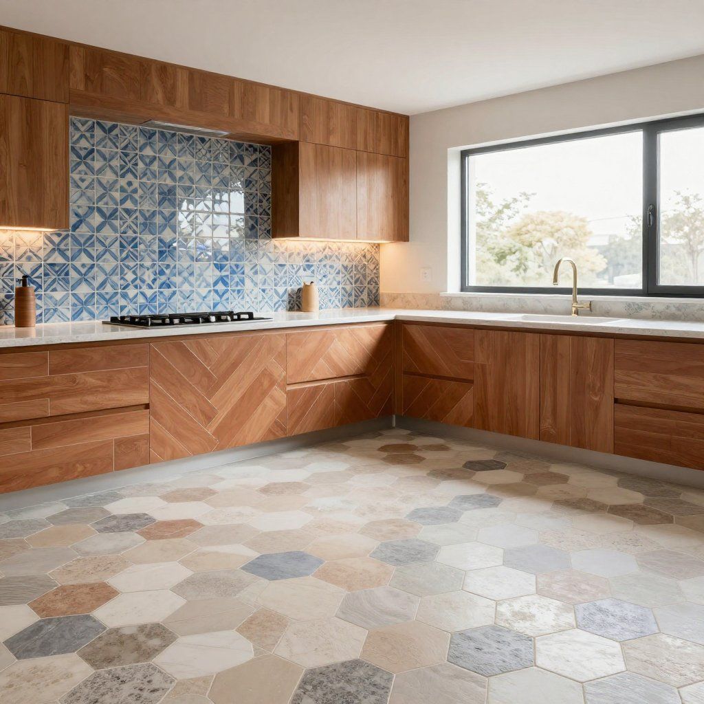 Wooden kitchen with blue tile backsplash and patterned hexagon floor tiles.