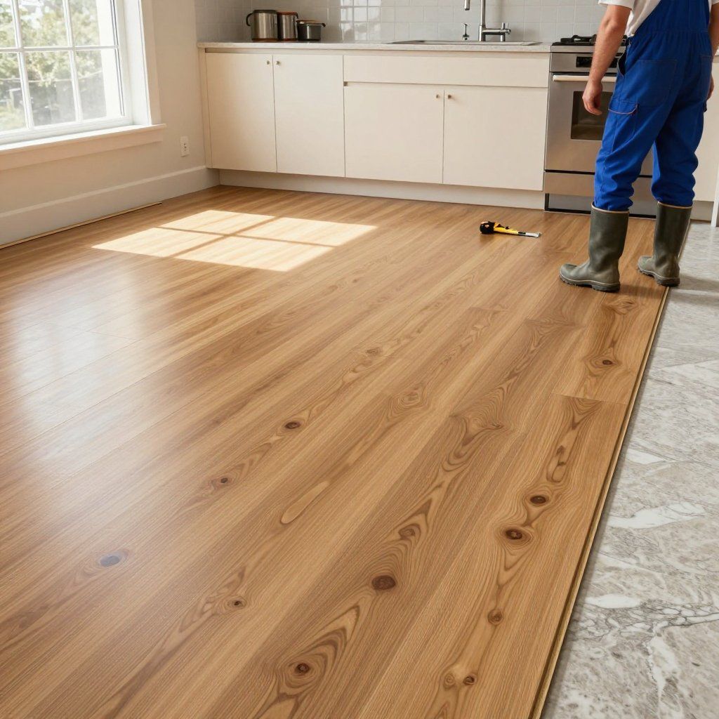 Person installing wood flooring in a kitchen; light brown planks, white cabinets, boots.