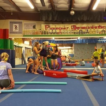 Gymnastics class in a gym. Children and adults are exercising and playing.