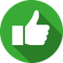 A white thumbs up icon in a green circle with a long shadow.