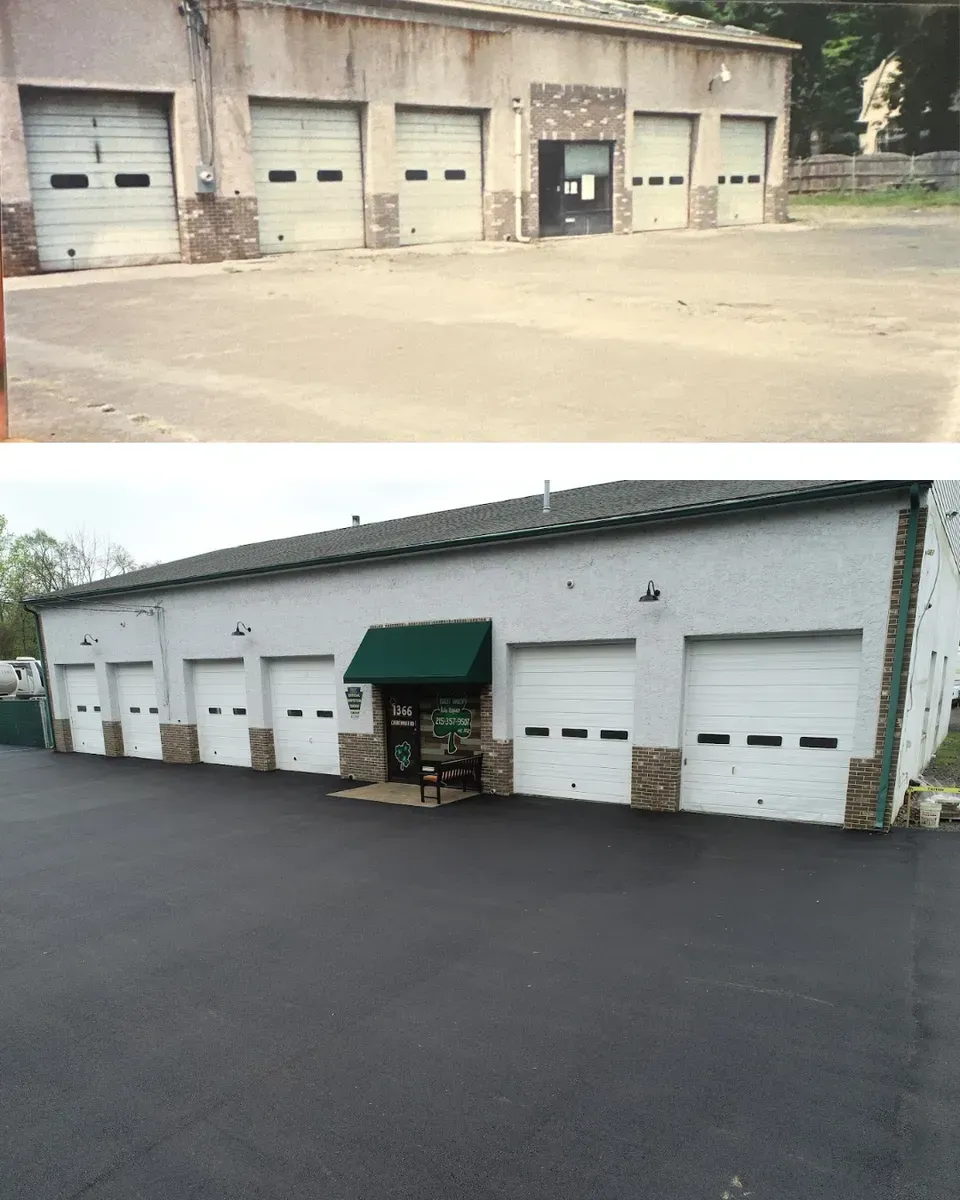 Top: rundown garage with five bays. Bottom: Renovated garage with new pavement and awning.