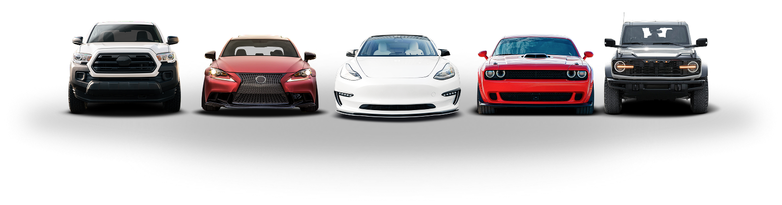 Five cars, Toyota, Lexus, Tesla, Dodge, Jeep, from front view against white.