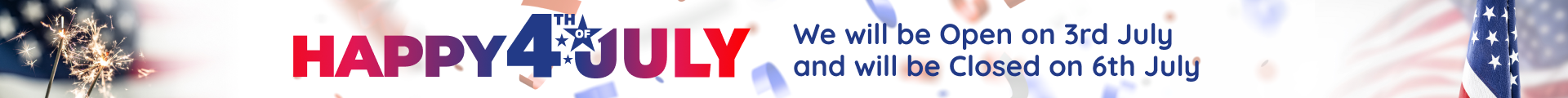 Happy 4th of July banner with fireworks and patriotic red, white, and blue text | Robert Warrens Automotive LLC