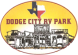 Logo for Dodge City RV Park featuring a Texas outline and a black-and-white sketch of a western-style town on yellow.