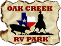 Logo for Oak Creek RV Park featuring a Texas flag, a silhouette of a cowboy on horseback, and a calf on aged parchment.