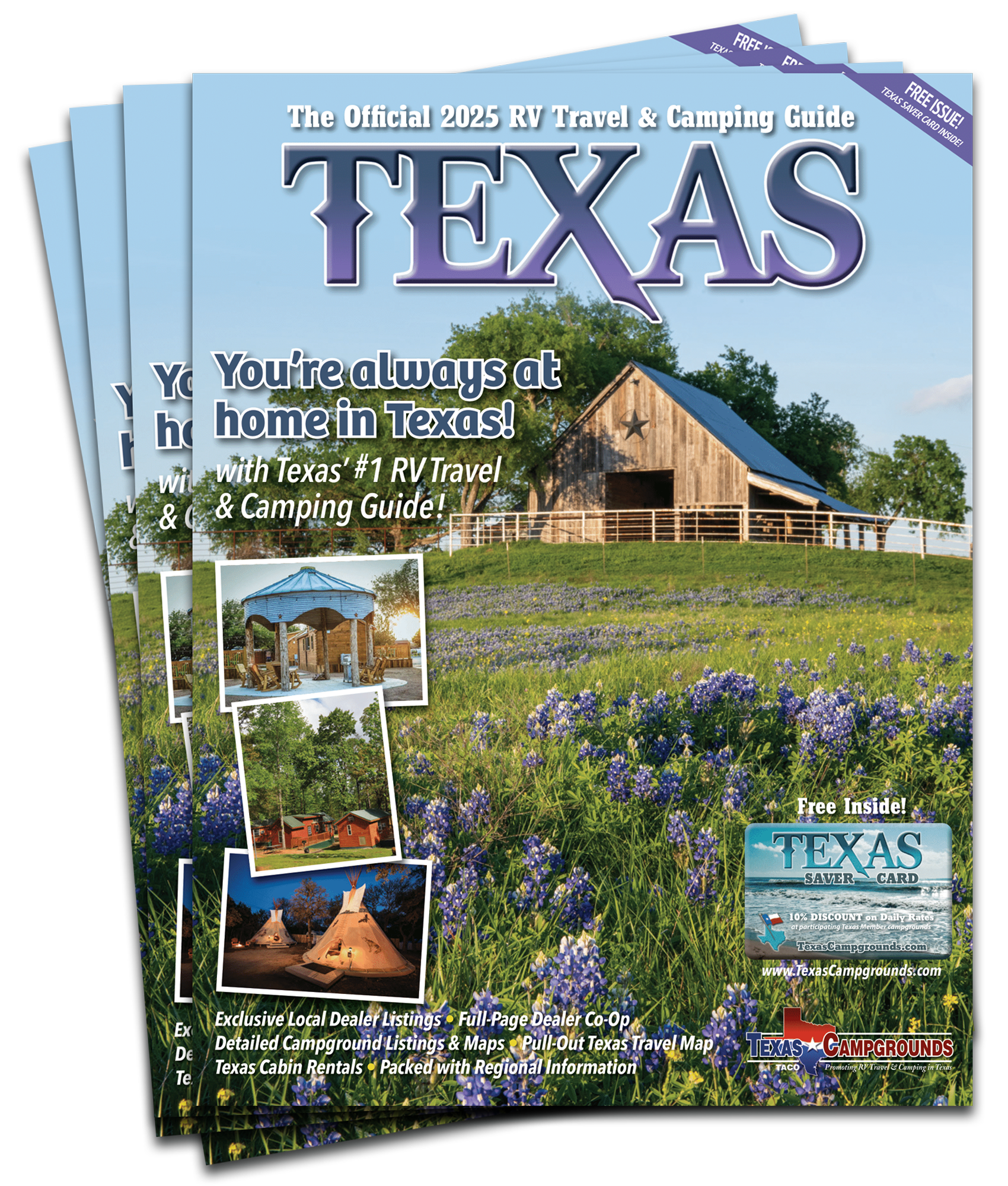 the cover of a texas travel and camping guide with a barn on the cover .