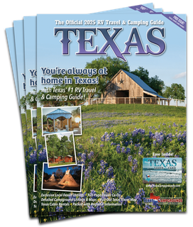 the cover of a texas travel and camping guide with a barn on the cover .