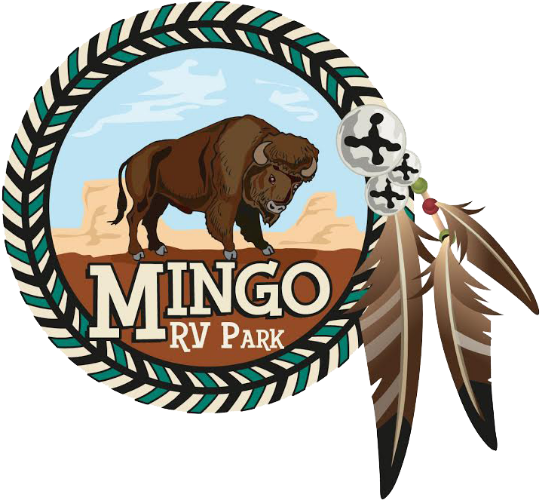 Logo for Mingo RV Park featuring a brown bison standing in a desert landscape inside a decorative, feather-adorned border.
